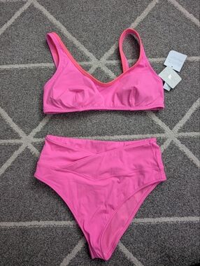 Fabletics Hot Pink Scoop Neck High Waisted Swim‎ Suit Separates NWT